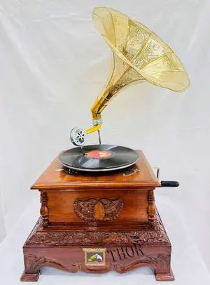 Antique-Looking Replica Gramophone Vintage Gramophone Record Player, Wooden Base with Floral Carvings, Gold Horn Speaker (37X37X70 CM) Antique-Looking Replica Gramophone Vintage Gramophone Record Player, Wooden Base with Floral Carvings, Gold Horn Speaker (37X37X70 CM)
