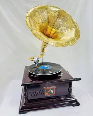 Antique-Looking Replica Gramophone Vintage Gramophone Record Player, Wooden Base with Floral Carvings, Gold Horn Speaker (75X32X37 CM) Antique-Looking Replica Gramophone Vintage Gramophone Record Player, Wooden Base with Floral Carvings, Gold Horn Speaker (75X32X37 CM)
