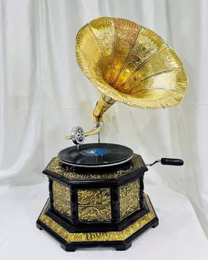 Vintage Gramophone Record Player Wooden Base with Floral Carvings Gold Horn Speaker Antique-Looking Replica Gramophone (Gold Work Design with 8 Cone) Vintage Gramophone Record Player Wooden Base with Floral Carvings Gold Horn Speaker Antique-Looking Replica Gramophone (Gold Work Design with 8 Cone)