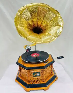 Antique-Looking Replica Gramophone Vintage Gramophone Record Player, Wooden Base with Floral Carvings, Gold Horn Speaker (32X75X37 CM) Antique-Looking Replica Gramophone Vintage Gramophone Record Player, Wooden Base with Floral Carvings, Gold Horn Speaker (32X75X37 CM)