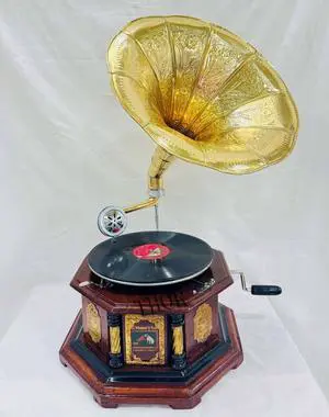 Antique-Looking Replica Gramophone Vintage Gramophone Record Player, Wooden Base with Floral Carvings, Gold Horn Speaker (35.5X35.5X17.5 CM) Antique-Looking Replica Gramophone Vintage Gramophone Record Player, Wooden Base with Floral Carvings, Gold Horn Speaker (35.5X35.5X17.5 CM)