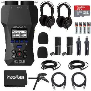 H1 XLR Handy Recorder, Bundle with 2X ZDM-1 Podcast Microphones, 2X Headphones, 2X Windscreen, 2X XLR Cable, 2X Tabletop Stand, Tripod Grip, 32GB Micro SD Card, AA Batteries (4 Pack) H1 XLR Handy Recorder, Bundle with 2X ZDM-1 Podcast Microphones, 2X Headphones, 2X Windscreen, 2X XLR Cable, 2X Tabletop Stand, Tripod Grip, 32GB Micro SD Card, AA Batteries (4 Pack)