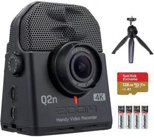 Q2n-4K Ultra High Definition Handy Video Recorder with Table Tripod Hand Grip, and SanDisk 128GB Extreme microSDXC Card and Energizer Premium Max AA Batteries Q2n-4K Ultra High Definition Handy Video Recorder with Table Tripod Hand Grip, and SanDisk 128GB Extreme microSDXC Card and Energizer Premium Max AA Batteries
