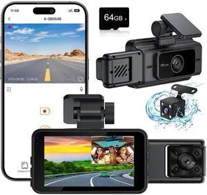 Dash Cam Front and Rear, 3 Channel Car Camera with 64GB Card | G-Sensor, 3" IPS Screen, 24Hr Parking, 170° Wide Angle, Loop Recording, IR Night Vision Dash Cam Front and Rear, 3 Channel Car Camera with 64GB Card | G-Sensor, 3" IPS Screen, 24Hr Parking, 170° Wide Angle, Loop Recording, IR Night Vision