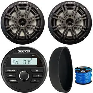46KMC2 Marine Bluetooth All-Weather AM/FM USB/AUX Gauge Style Media Center Receiver W/Black Cover, 2X 6.5 150W Max Power 2-Way Black Boat Audio Speakers, 50 Feet 16 Gauge Speaker Wire 46KMC2 Marine Bluetooth All-Weather AM/FM USB/AUX Gauge Style Media Center Receiver W/Black Cover, 2X 6.5 150W Max Power 2-Way Black Boat Audio Speakers, 50 Feet 16 Gauge Speaker Wire