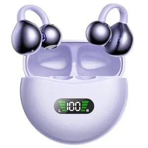 Wireless Earbuds Open Ear Clip On Headphones with LED Digital Display Charging Case Touch Control Bluetooth 5.4 Air Conduction Sport Earphones for Running Fitness, Medium Purple Wireless Earbuds Open Ear Clip On Headphones with LED Digital Display Charging Case Touch Control Bluetooth 5.4 Air Conduction Sport Earphones for Running Fitness, Medium Purple