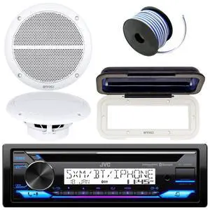In-Dash Marine Boat Bluetooth Radio USB CD Receiver Bundle, Cover with pair Enrock 6.5" White Stereo Speakers, 18g 50ft Marine Speaker Wire In-Dash Marine Boat Bluetooth Radio USB CD Receiver Bundle, Cover with pair Enrock 6.5" White Stereo Speakers, 18g 50ft Marine Speaker Wire