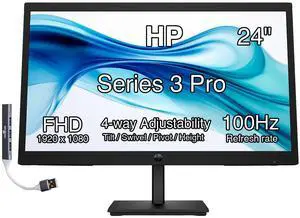 HP Series 3 Pro 24" 100Hz FHD IPS Monitor with Adjustable Tilt/Swivel/Pivot/Height, Built-in Dual 2W Speakers, VESA Mount (100mm), VGA, Displayport, HDMI w/DKZ Hub, Black HP Series 3 Pro 24" 100Hz FHD IPS Monitor with Adjustable Tilt/Swivel/Pivot/Height, Built-in Dual 2W Speakers, VESA Mount (100mm), VGA, Displayport, HDMI w/DKZ Hub, Black