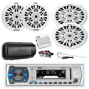 Pyle PLMRB29W Marine Single DIN Bluetooth MP3 Stereo Receiver, Cover, 4-Channel Amplifier w/Kit, 2x 6.5" 200W Full Range 2-Way Waterproof Speakers, 2x 6x9" 260W Outdoor Speakers, Radio Antenna Pyle PLMRB29W Marine Single DIN Bluetooth MP3 Stereo Receiver, Cover, 4-Channel Amplifier w/Kit, 2x 6.5" 200W Full Range 2-Way Waterproof Speakers, 2x 6x9" 260W Outdoor Speakers, Radio Antenna