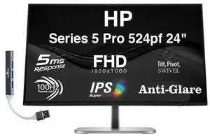HP Series 5 Pro 524pf 24" FHD IPS Monitor with 5ms Response Time,350nits Brightness, Anti-Glare, Flicker Free, 100 Hz Refresh Rate, Displayport, HDMI & Dockztorm USB Hub, Black/Silver HP Series 5 Pro 524pf 24" FHD IPS Monitor with 5ms Response Time,350nits Brightness, Anti-Glare, Flicker Free, 100 Hz Refresh Rate, Displayport, HDMI & Dockztorm USB Hub, Black/Silver