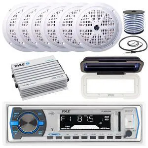 Pyle in-Dash Marine Boat AM/FM USB AUX Radio Headunit Receiver Bundle Combo with 6X 5.25'' 100W 2-Way White Audio Speakers, 4-Channel Bluetooth Amplifier, Radio Shield, Speaker Wire, Antenna Pyle in-Dash Marine Boat AM/FM USB AUX Radio Headunit Receiver Bundle Combo with 6X 5.25'' 100W 2-Way White Audio Speakers, 4-Channel Bluetooth Amplifier, Radio Shield, Speaker Wire, Antenna