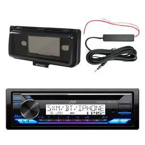 JVC KD-T92MBS Single DIN Marine Bluetooth USB AUX AM/FM Stereo CD Player Receiver, Marine Dash Kit Protector Radio Cover, Amplifier Booster Kit JVC KD-T92MBS Single DIN Marine Bluetooth USB AUX AM/FM Stereo CD Player Receiver, Marine Dash Kit Protector Radio Cover, Amplifier Booster Kit