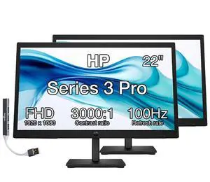 HP Series 3 Pro 22" FHD VA Monitor Anti-Glare, Flicker Free, VESA Mount | 5ms Response Time, Brightness 250 nits, Tilt, HDMI, Black Color- 2Pack HP Series 3 Pro 22" FHD VA Monitor Anti-Glare, Flicker Free, VESA Mount | 5ms Response Time, Brightness 250 nits, Tilt, HDMI, Black Color- 2Pack