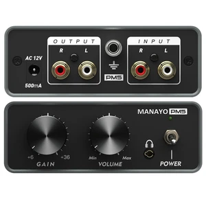 MM Phono Preamp with Adjustable Gain for Vinyl Record Players Metal preamp connects MM record players to speakers or headphones for adjustable private listening MM Phono Preamp with Adjustable Gain for Vinyl Record Players Metal preamp connects MM record players to speakers or headphones for adjustable private listening
