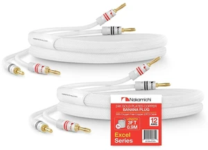 24k Gold Plated Banana Plugs Speaker Cables 99.9% OFC (3 Feet) Oxygen-Free Copper, Excel Series, Amplifier Heavy Duty Braided In-Wall CL2 Rated Wires - White (12AWG / 3ft / 0.9m) 2-Pack 24k Gold Plated Banana Plugs Speaker Cables 99.9% OFC (3 Feet) Oxygen-Free Copper, Excel Series, Amplifier Heavy Duty Braided In-Wall CL2 Rated Wires - White (12AWG / 3ft / 0.9m) 2-Pack
