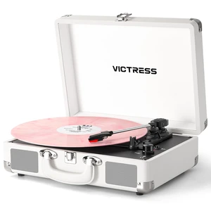 Vinyl Record Player, Built-in Speakers, Bluetooth in & Out, White 3-Speed Belt-Drive Vintage Turntable, Vinyl to Digital, AUX In, RCA Out, Headphone Jack, Portable Suitcase Design Vinyl Record Player, Built-in Speakers, Bluetooth in & Out, White 3-Speed Belt-Drive Vintage Turntable, Vinyl to Digital, AUX In, RCA Out, Headphone Jack, Portable Suitcase Design