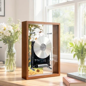 Wood Frame CD Player for Wall or Desk, BT Transmitter, Rechargeable Wall Mounted CD Player, Bluetooth Rechargeable, Retro Wood Frame, Transparent Acrylic Disc, LED Display, Remote Wood Frame CD Player for Wall or Desk, BT Transmitter, Rechargeable Wall Mounted CD Player, Bluetooth Rechargeable, Retro Wood Frame, Transparent Acrylic Disc, LED Display, Remote