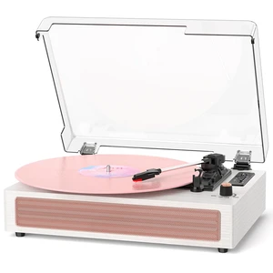 Vinyl Record Player with Speakers, Pink Vintage Bluetooth Record Player with EQ Sound Modes & LED Display, 3-Speed Turntable for Vinyl Records, USB Recording, TF Card Playback, AUX & RCA Output Vinyl Record Player with Speakers, Pink Vintage Bluetooth Record Player with EQ Sound Modes & LED Display, 3-Speed Turntable for Vinyl Records, USB Recording, TF Card Playback, AUX & RCA Output