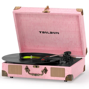Suitcase Record Player with Speakers, Bluetooth in/Out, Pink Vintage portable turntable, 3-speed auto stop, bass/treble control, belt drive, RCA/AUX and headphone jack, home decor gift Suitcase Record Player with Speakers, Bluetooth in/Out, Pink Vintage portable turntable, 3-speed auto stop, bass/treble control, belt drive, RCA/AUX and headphone jack, home decor gift