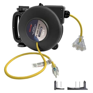 45 FT 14 Gauge SJTOW Retractable Extension Cord, Heavy Duty Power Cord, 11 Amp 125V 1375W, Triple Outlet Electric Cord Reel, Ceiling or Wall Mount, UL Listed 45 FT 14 Gauge SJTOW Retractable Extension Cord, Heavy Duty Power Cord, 11 Amp 125V 1375W, Triple Outlet Electric Cord Reel, Ceiling or Wall Mount, UL Listed