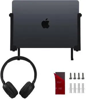 Aluminum Wall Laptop Mount Holder for MacBook Air, Pro, Surface, iPad, Tablets, Cell Phones with Headphone Hook, Anti-Scratch Pads, Adhesive & Screws (Black) Aluminum Wall Laptop Mount Holder for MacBook Air, Pro, Surface, iPad, Tablets, Cell Phones with Headphone Hook, Anti-Scratch Pads, Adhesive & Screws (Black)