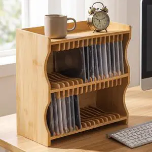 Bamboo CD Holder Rack, Holds up to 32 CD Cases | CD Rack Organizer with Rubber Feet, DVD Display Shelf for Movie Cases, DVDs, Cassette Tape Bamboo CD Holder Rack, Holds up to 32 CD Cases | CD Rack Organizer with Rubber Feet, DVD Display Shelf for Movie Cases, DVDs, Cassette Tape