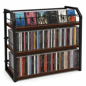3-Tier CD Storage Rack, CD Holder Tower Holds 123 CDs with Display Top Shelf, Metal and Wood CD Organizer Stand for Standard Jewel Cases, Compact Desktop CD Shelf for Home Office 3-Tier CD Storage Rack, CD Holder Tower Holds 123 CDs with Display Top Shelf, Metal and Wood CD Organizer Stand for Standard Jewel Cases, Compact Desktop CD Shelf for Home Office