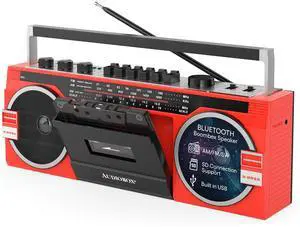Retrobox Bluetooth Speaker with AM/FM/SW Radio, Red | MP3 Playback, USB & SD Card Support, 3.5mm Jack, Built-In Boombox Speaker, Cassette Player, Stereo Sound, Portable Design Retrobox Bluetooth Speaker with AM/FM/SW Radio, Red | MP3 Playback, USB & SD Card Support, 3.5mm Jack, Built-In Boombox Speaker, Cassette Player, Stereo Sound, Portable Design