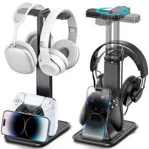 Height Adjustable Dual Headphone Stand, 360° Rotatable Gaming Headset Holder with Controller & Phone Stand, All-in-One Desk Organizer for PS5/Xbox/Switch Controllers/iPad, Desktop Game Accessories Height Adjustable Dual Headphone Stand, 360° Rotatable Gaming Headset Holder with Controller & Phone Stand, All-in-One Desk Organizer for PS5/Xbox/Switch Controllers/iPad, Desktop Game Accessories