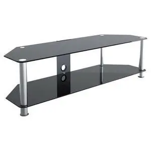 Black Glass TV Stand with Chrome Legs, Cable Management and Two Lower Glass Shelves, for TVs up to 65 Inch and 132 lbs, 44 lb Shelf Capacity, SDC1400CM-A Black Glass TV Stand with Chrome Legs, Cable Management and Two Lower Glass Shelves, for TVs up to 65 Inch and 132 lbs, 44 lb Shelf Capacity, SDC1400CM-A