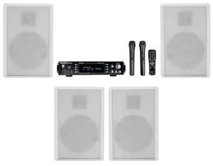 RPA70WBT V2 Commercial Receiver with 4 White Wall Speakers, Mics | 1000W Peak/250W RMS, Bluetooth/USB, 2 VHF Wireless Mics, RockSlim 5.25" Slim Speakers, For Restaurant/Bar/Cafe, 7-Items RPA70WBT V2 Commercial Receiver with 4 White Wall Speakers, Mics | 1000W Peak/250W RMS, Bluetooth/USB, 2 VHF Wireless Mics, RockSlim 5.25" Slim Speakers, For Restaurant/Bar/Cafe, 7-Items