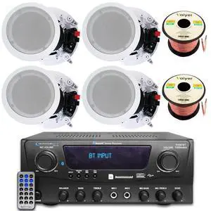 Home Theater Sound System Kit, 1000 Watts Bluetooth Amplifier | w/ 4 Qty of 8" Framed Ceiling Speakers 300 W Each, 100 ft Speaker Wire & Remote Perfect for Home, Office, Bar, Restaurant Home Theater Sound System Kit, 1000 Watts Bluetooth Amplifier | w/ 4 Qty of 8" Framed Ceiling Speakers 300 W Each, 100 ft Speaker Wire & Remote Perfect for Home, Office, Bar, Restaurant