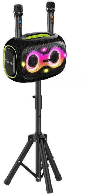 Portable Bluetooth Speaker with Dual Wireless Mics with Volume Control, 120W, Tripod Stand, 10+ Hours Playtime, Big Bass TWS/USB/TF Card/AUX IPX6 Waterproof Party Box (Black) Portable Bluetooth Speaker with Dual Wireless Mics with Volume Control, 120W, Tripod Stand, 10+ Hours Playtime, Big Bass TWS/USB/TF Card/AUX IPX6 Waterproof Party Box (Black)