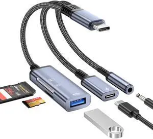 USB-C to 3.5mm Headphone Adapter,3 in 1 USB C Charging Port Splitter,OTG Adapter,TF/SD Card Reader,USB C to Audio Jack Adapter for iPhone15 16 17,Android,iPad,Laptop,Slivery USB-C to 3.5mm Headphone Adapter,3 in 1 USB C Charging Port Splitter,OTG Adapter,TF/SD Card Reader,USB C to Audio Jack Adapter for iPhone15 16 17,Android,iPad,Laptop,Slivery