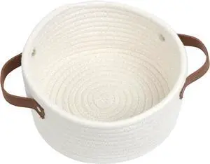 Small Woven Basket, Mini Cotton Rope Storage Basket with Leather Handle Small Woven Basket, Mini Cotton Rope Storage Basket with Leather Handle