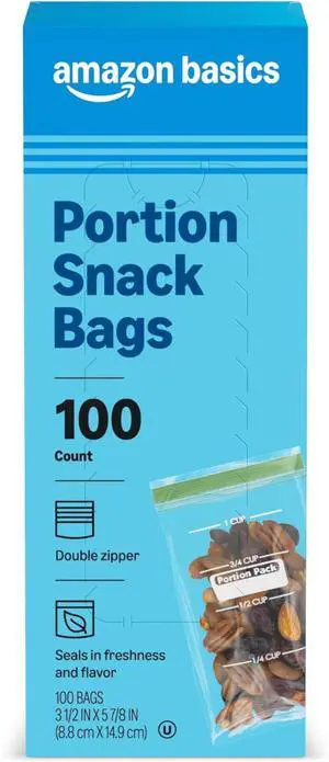Amazon Basics Portion Snack Bags, Double Zipper Seals in Freshness, 3.5" x 5.9", 100 Count Amazon Basics Portion Snack Bags, Double Zipper Seals in Freshness, 3.5" x 5.9", 100 Count