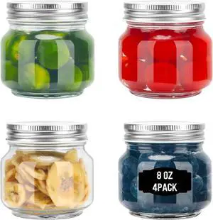 8oz Mason Jars with Lids, 4 Pack Small Regular Mouth Glass Canning Jars 8oz Mason Jars with Lids, 4 Pack Small Regular Mouth Glass Canning Jars