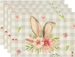 Artoid Mode Buffalo Plaid Bunny Rabbit Ears Flower Easter Placemats for Dining Table, 12 x 18 Inch Spring Summer Seasonal Holiday Rustic Vintage Washable Table Mats Set of 4 Artoid Mode Buffalo Plaid Bunny Rabbit Ears Flower Easter Placemats for Dining Table, 12 x 18 Inch Spring Summer Seasonal Holiday Rustic Vintage Washable Table Mats Set of 4