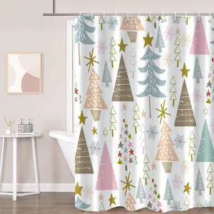 Merry Christmas Shower Curtain, Winter Xmas Tree Snowflake Star Holiday Waterproof Fabric Machine Washable for Bathroom Bathtub Decor with Hooks 72"x72" Merry Christmas Shower Curtain, Winter Xmas Tree Snowflake Star Holiday Waterproof Fabric Machine Washable for Bathroom Bathtub Decor with Hooks 72"x72"