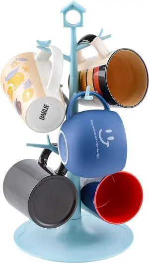 6 Mugs Holder Tree Cups Hanging Stand (Blue with Bird & House Sign) 6 Mugs Holder Tree Cups Hanging Stand (Blue with Bird & House Sign)