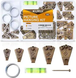 KURUI Bronze Picture Hanging Kit, Heavy Duty Wall Hangers Set with Brass Hooks, Nails, Wire and Mini Level, Assorted Sizes, for Frames, Posters, Art, Canvas, Home Decor, 69 Pcs KURUI Bronze Picture Hanging Kit, Heavy Duty Wall Hangers Set with Brass Hooks, Nails, Wire and Mini Level, Assorted Sizes, for Frames, Posters, Art, Canvas, Home Decor, 69 Pcs