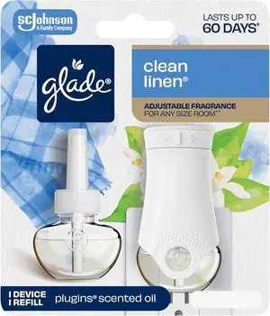 Glade PlugIns Refills Air Freshener Starter Kit, Clean Linen, Scented and Essential Oils for Home and Bathroom, 0.67 Fl Oz, 1 Warmer + 1 Refill Glade PlugIns Refills Air Freshener Starter Kit, Clean Linen, Scented and Essential Oils for Home and Bathroom, 0.67 Fl Oz, 1 Warmer + 1 Refill