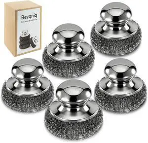 Steel Wool Scrubber with Handle, Stainless Steel, 5 Pack, for Cast Iron, Pots, Pans, Grill, Stoves, Sink (Sliver, M) Steel Wool Scrubber with Handle, Stainless Steel, 5 Pack, for Cast Iron, Pots, Pans, Grill, Stoves, Sink (Sliver, M)