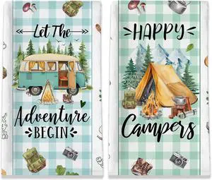 Camping Gifts for Women, Happy Camper Kitchen Towels, Funny Sayings Dish Towels Set of 2 for Camping Lovers, Farmhouse Camping Tent RV Hand Tea Towels for Housewarming Birthday Christmas, 18x26 Inches Camping Gifts for Women, Happy Camper Kitchen Towels, Funny Sayings Dish Towels Set of 2 for Camping Lovers, Farmhouse Camping Tent RV Hand Tea Towels for Housewarming Birthday Christmas, 18x26 Inches