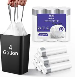 Drawstring 4 Gallon Trash Bags, Pre-Cut Strong Wastebasket Bin Liners, White Garbage Bags for Home, Office, Bathroom (Code D, 60 Count) Drawstring 4 Gallon Trash Bags, Pre-Cut Strong Wastebasket Bin Liners, White Garbage Bags for Home, Office, Bathroom (Code D, 60 Count)