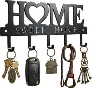 Entryway Wall Key Holder with 5 Hooks, Metal Key Rack Wall Mount for Keys, Bags and Leashes, Decorative Organizer for Entryway, Mudroom or Hallway, Sweet Home Design, 9.8 inches, Black Entryway Wall Key Holder with 5 Hooks, Metal Key Rack Wall Mount for Keys, Bags and Leashes, Decorative Organizer for Entryway, Mudroom or Hallway, Sweet Home Design, 9.8 inches, Black
