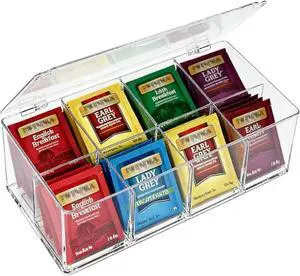 Acrylic Tea Bag Organizer with Hinged Lid, Clear Stackable Tea Storage Box with Removable Dividers, 8-Compartment Plastic Organizer for Tea Bags, K-Cups, Pantry & Countertop Acrylic Tea Bag Organizer with Hinged Lid, Clear Stackable Tea Storage Box with Removable Dividers, 8-Compartment Plastic Organizer for Tea Bags, K-Cups, Pantry & Countertop