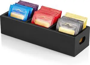 DRASTAR Tea Bag Organizer, Black Wooden Tea Bag Holder, Tea Storage Containers with 3 Slots, Sugar Packet Holder, Tea Bag Caddy Box for Countertop DRASTAR Tea Bag Organizer, Black Wooden Tea Bag Holder, Tea Storage Containers with 3 Slots, Sugar Packet Holder, Tea Bag Caddy Box for Countertop