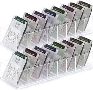 2 Pack Tea Bag Organizer, Clear Acrylic Tea Bag Holder, Tea Packet Storage Containers with 8 Slots for Drawer, Pantry, Kitchen, Fridge Bins, Countertop10"x3.5"x1.8" 2 Pack Tea Bag Organizer, Clear Acrylic Tea Bag Holder, Tea Packet Storage Containers with 8 Slots for Drawer, Pantry, Kitchen, Fridge Bins, Countertop10"x3.5"x1.8"