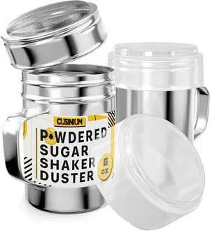 CUSINIUM 6 Ounce Mini Powder Sugar Shaker With Handle - Fine Mesh - With Plastic Cap - Pack of 2 CUSINIUM 6 Ounce Mini Powder Sugar Shaker With Handle - Fine Mesh - With Plastic Cap - Pack of 2